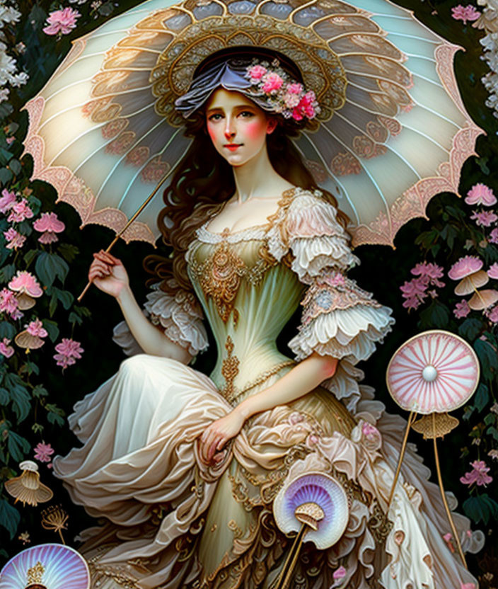 Illustrated woman in ornate gown with parasol among blooming flowers