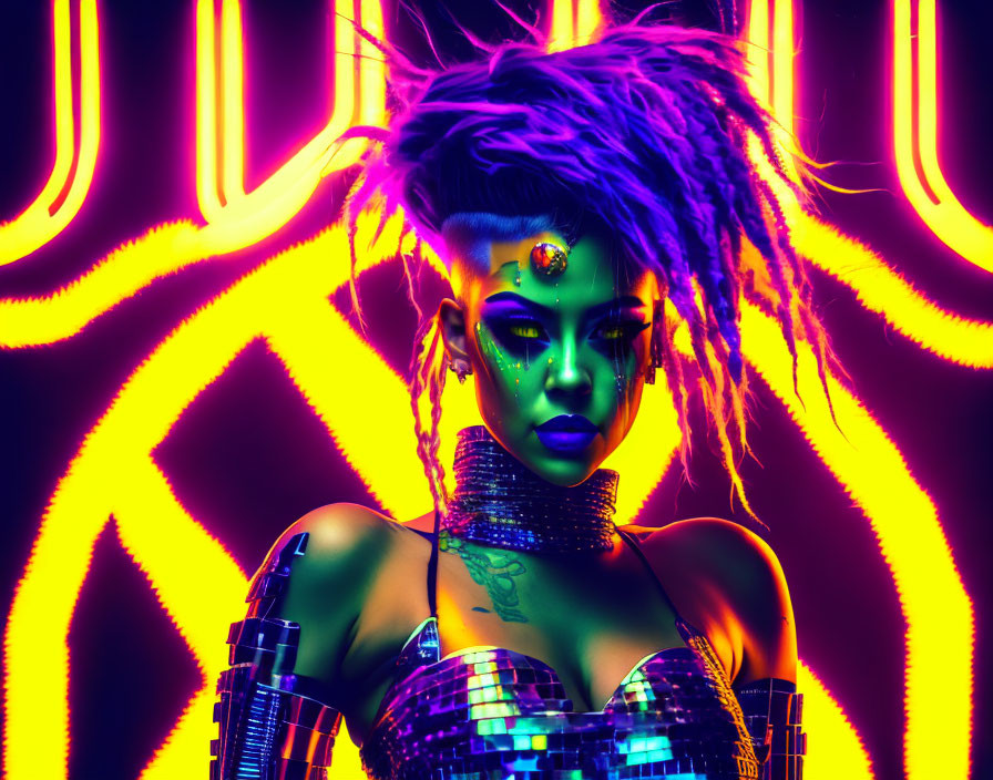 Neon-lit portrait of woman with purple hair and cyberpunk attire