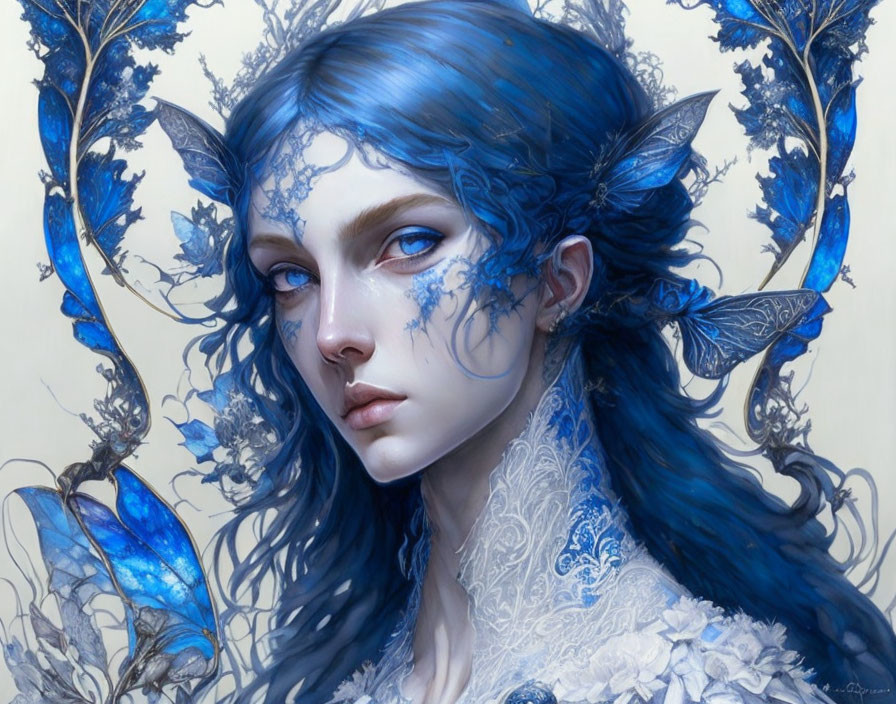 Blue-Haired Female Fantasy Illustration with Leafy Headgear