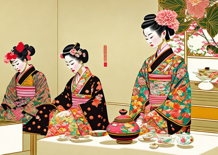 Traditional Japanese women in kimonos at tea ceremony