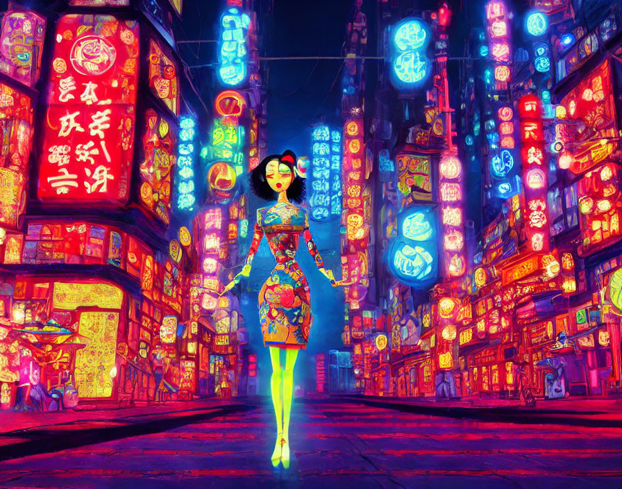 Vibrant night street scene with neon signs and animated figure