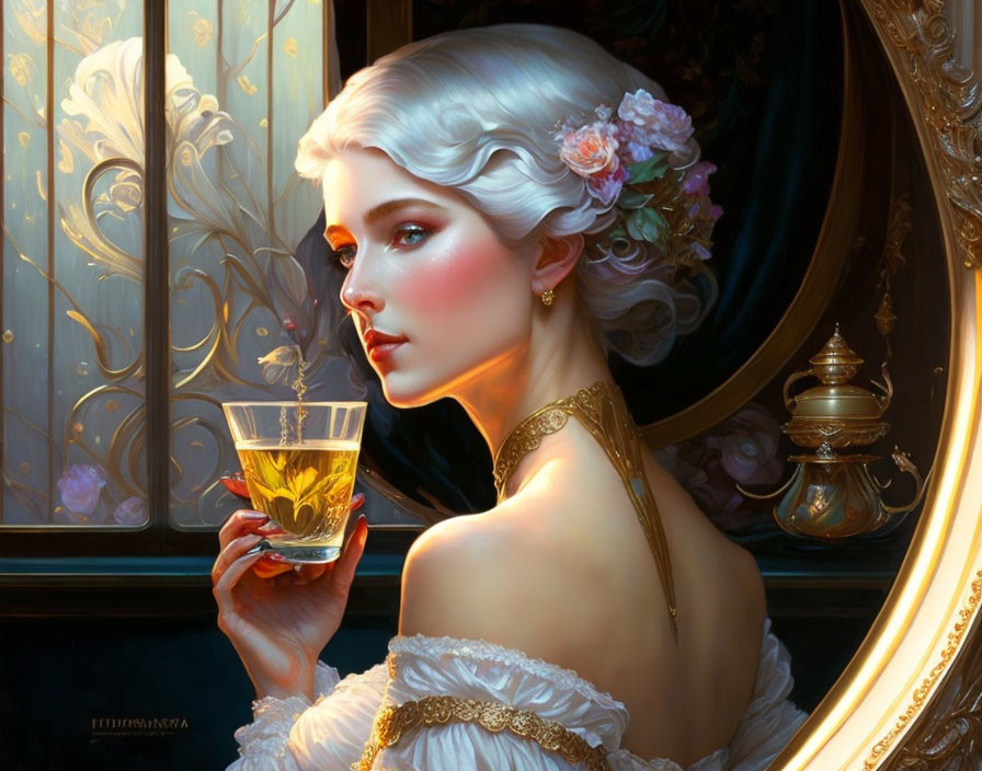 Detailed illustration of woman with white hair and flowers holding a glass