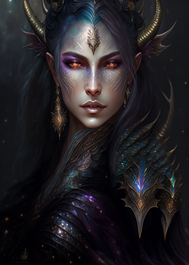 Blue-skinned female fantasy figure in gold and dark armor against starry backdrop