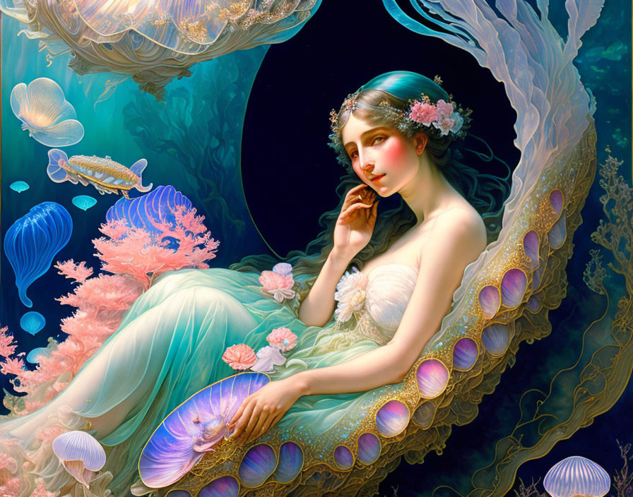 Fantastical underwater illustration of a woman with floral adornments surrounded by jellyfish.