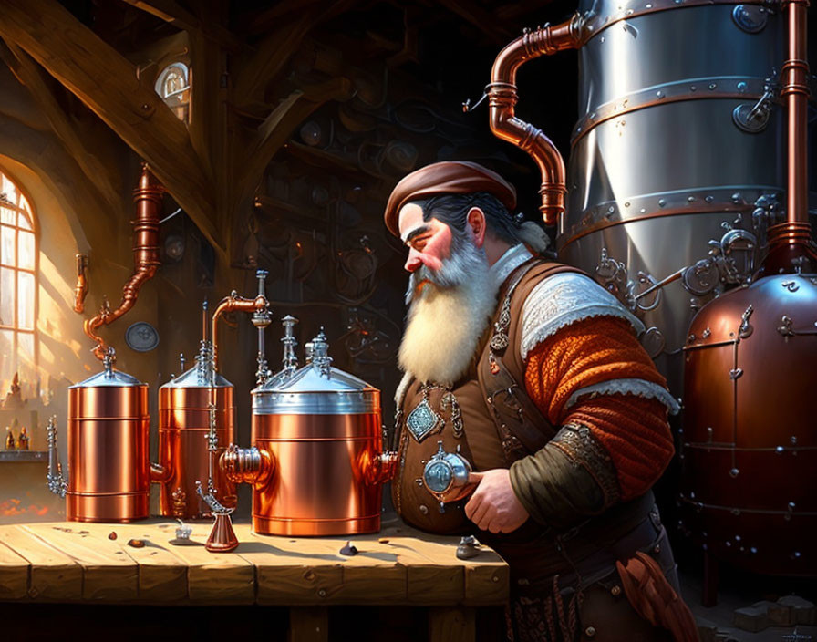 White-bearded dwarf with copper brewing equipment in fantasy interior