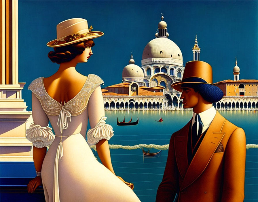 Elegantly dressed couple in historical Venetian setting