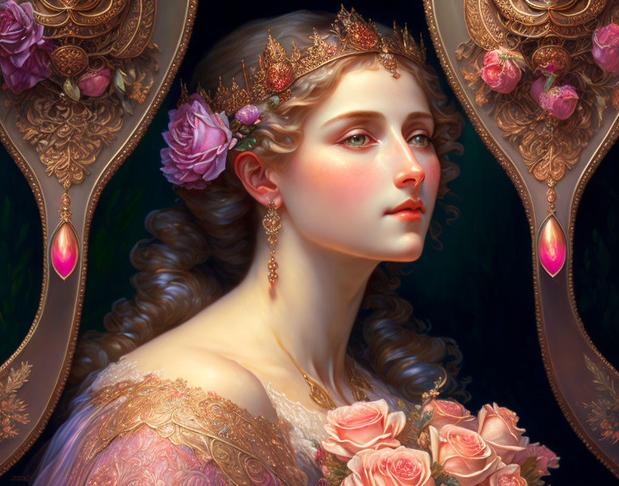 Portrait of woman with floral crown, gold jewelry, roses, and ornate backdrop.