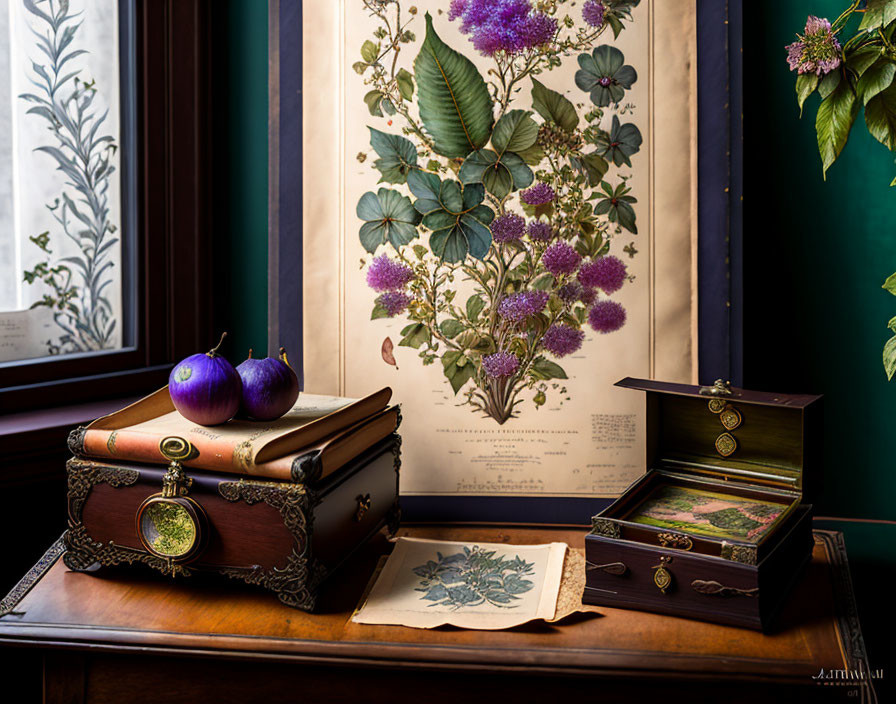 Vintage study scene with stacked books, figs, jewelry box, and botanical illustrations on wooden desk by