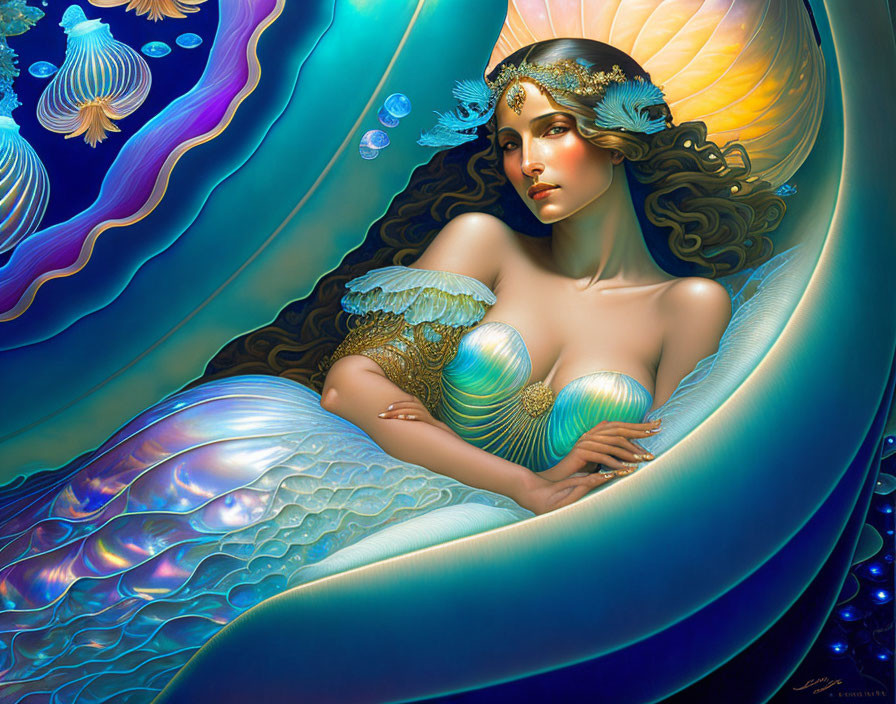 Mermaid digital art with shell crown in underwater fantasy scene