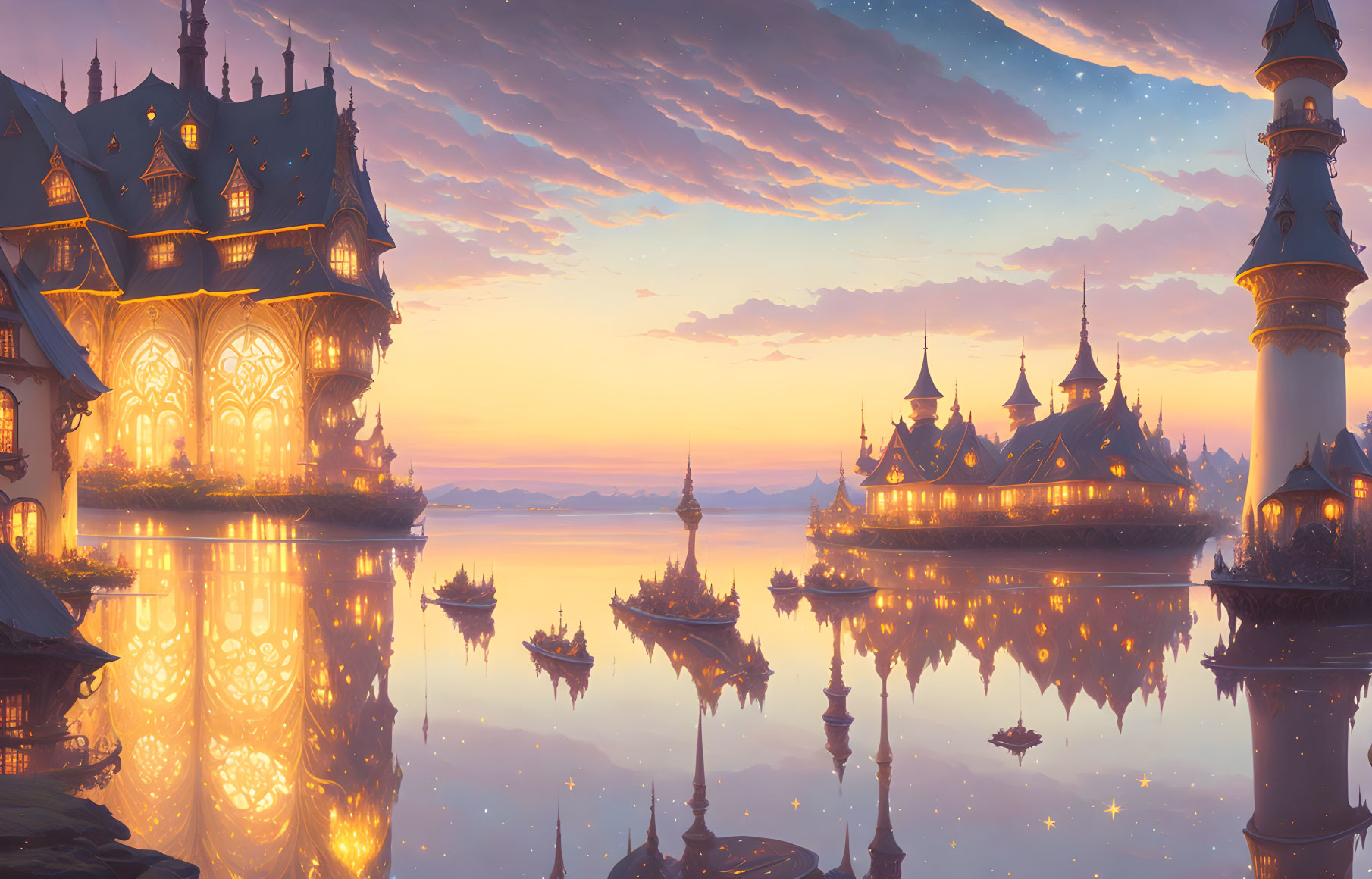 Illuminated castle by water at dusk with starry sky and floating boats