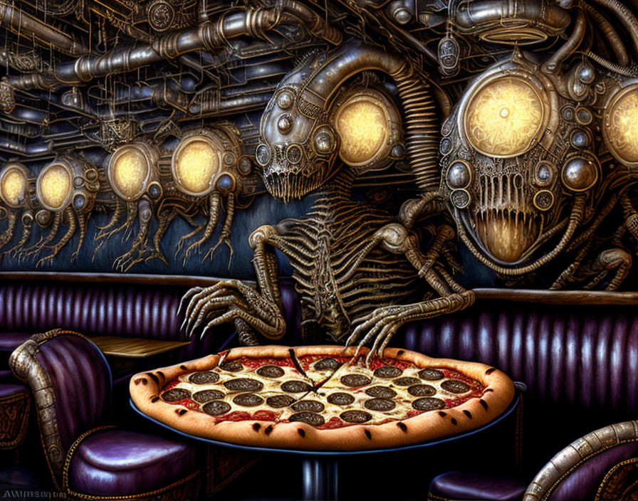 Surreal skeletal figure with pizza in dimly lit room