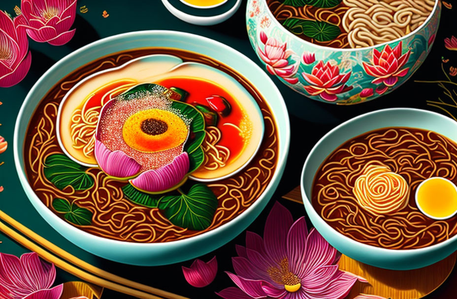 Colorful Asian Noodle Dishes Artwork with Lotus Flowers on Dark Background