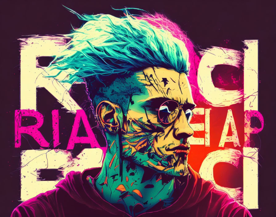 Teal-haired person with tattoos and glasses on vibrant background.