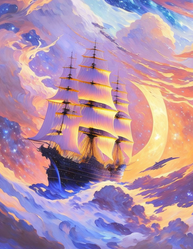 Majestic sailing ship in vibrant sky with crescent moon and bird silhouette