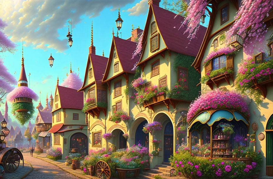 Colorful fantasy village with purple blooms, cobblestone paths, and whimsical turrets