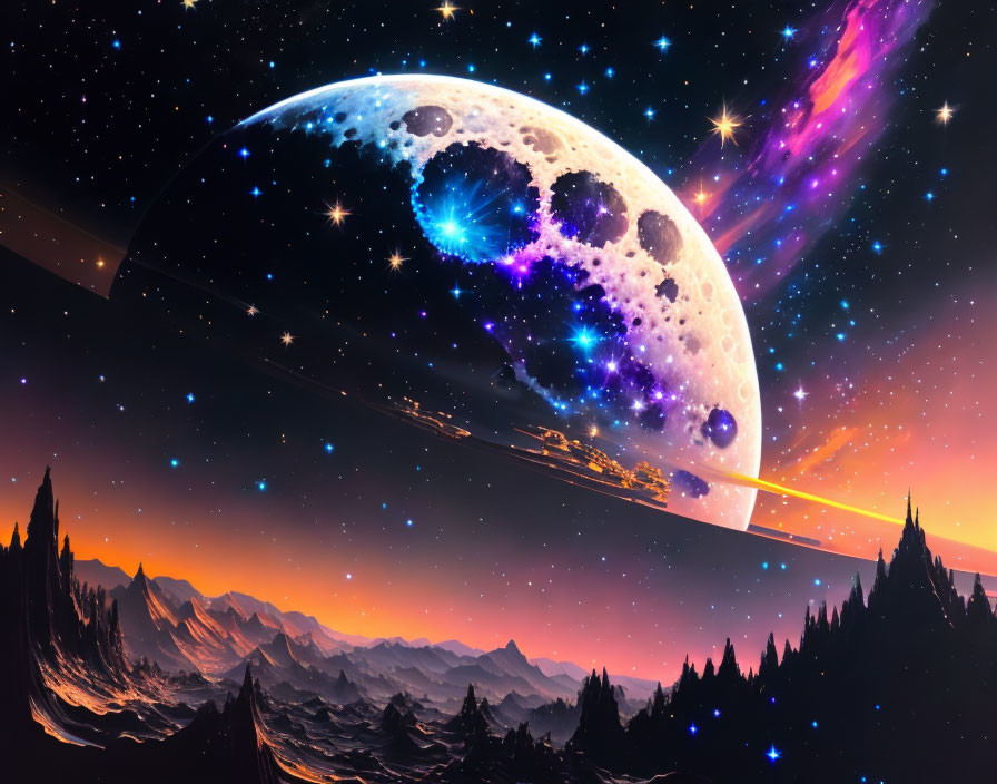 Colorful cosmic landscape with moon, stars, and mountain range