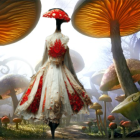 Elegant woman in lavish dress among oversized mushrooms