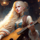 Blonde woman playing golden lute in enchanted candlelit scene