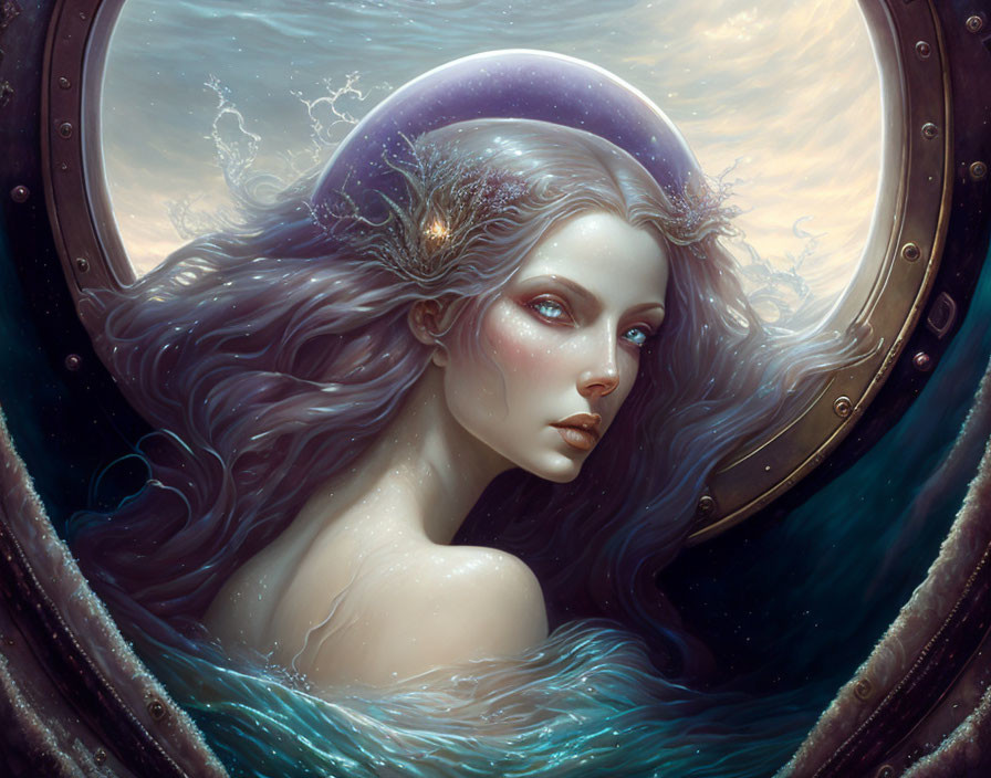 Mermaid fantasy illustration with flowing hair and porthole frame.