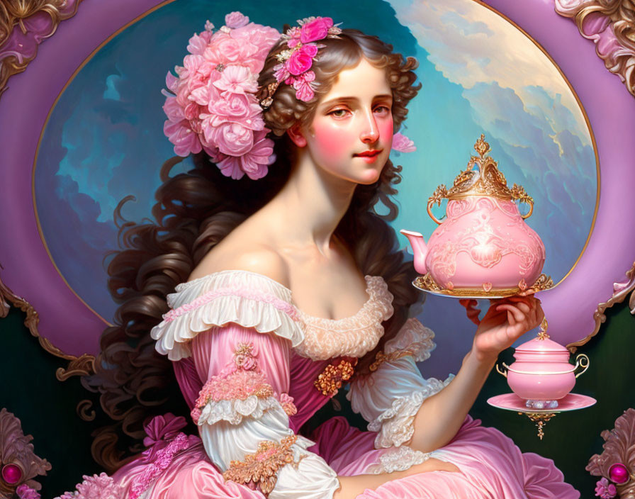 Portrait of woman in pink dress with teapot and floral hair in pastel background