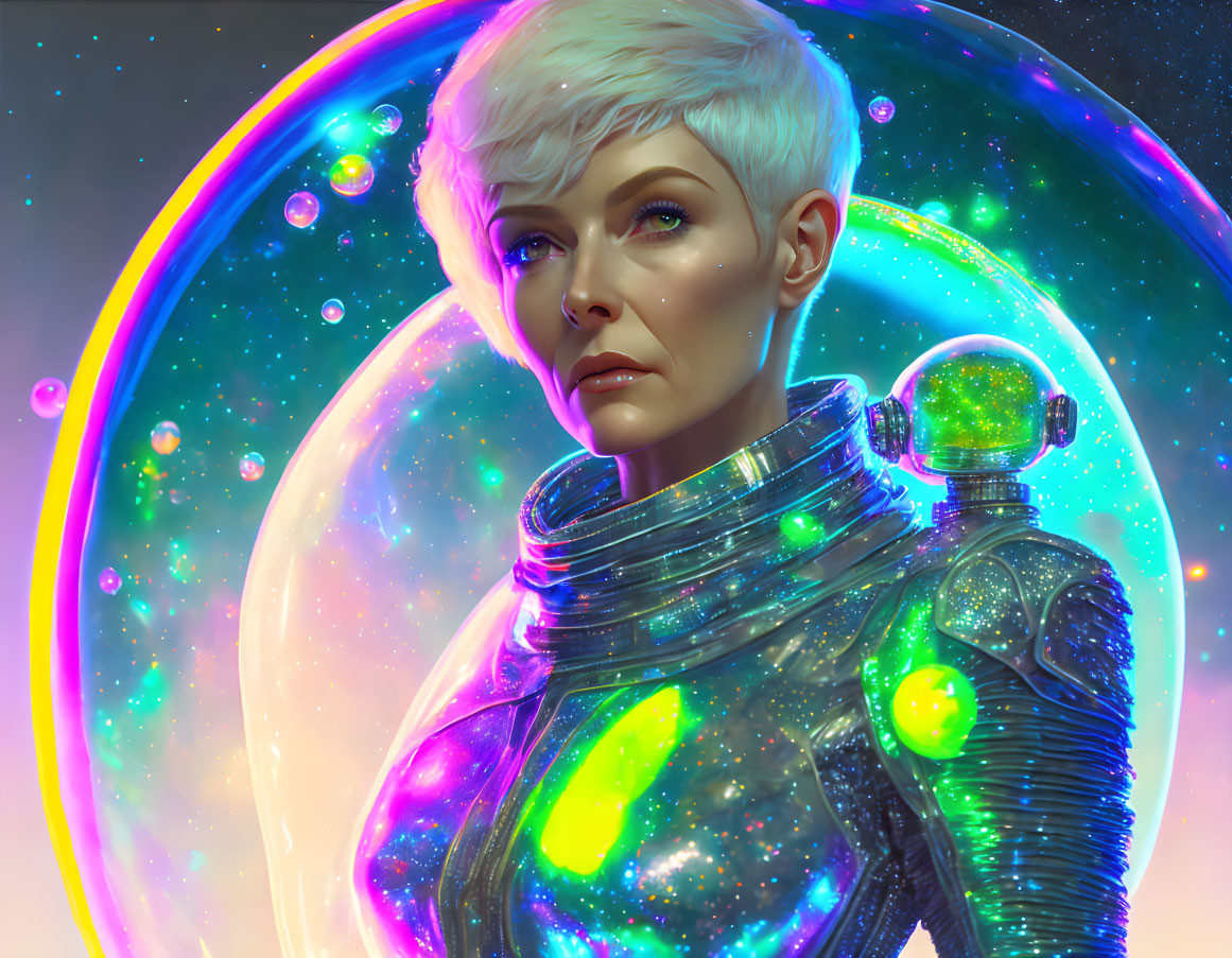 Futuristic woman in glowing spacesuit with pixie haircut amid colorful nebula and rings