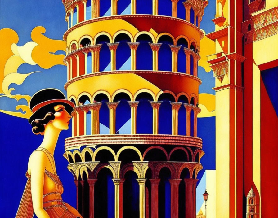 Vintage dress woman with Leaning Tower of Pisa in bold Art Deco style