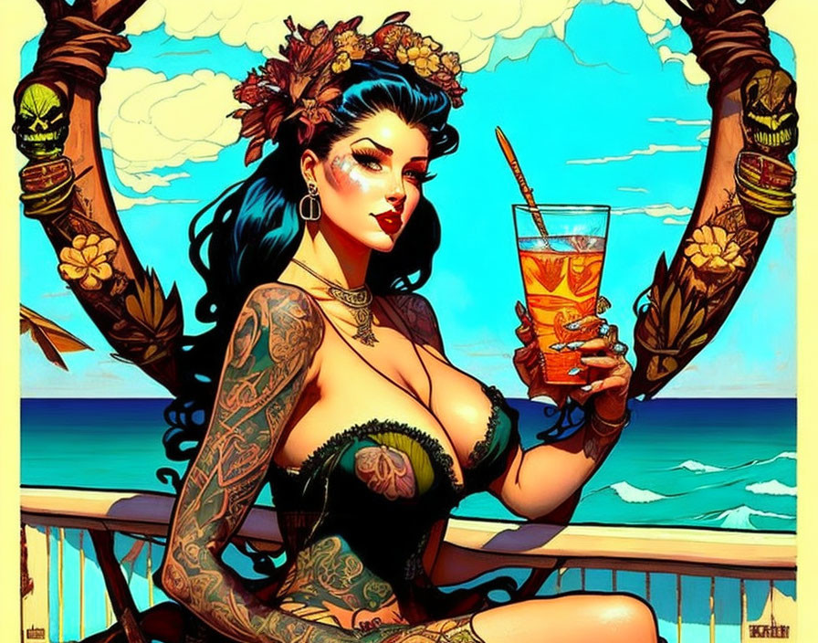 Tattooed woman in vintage swimwear with drink by coastal tiki structure