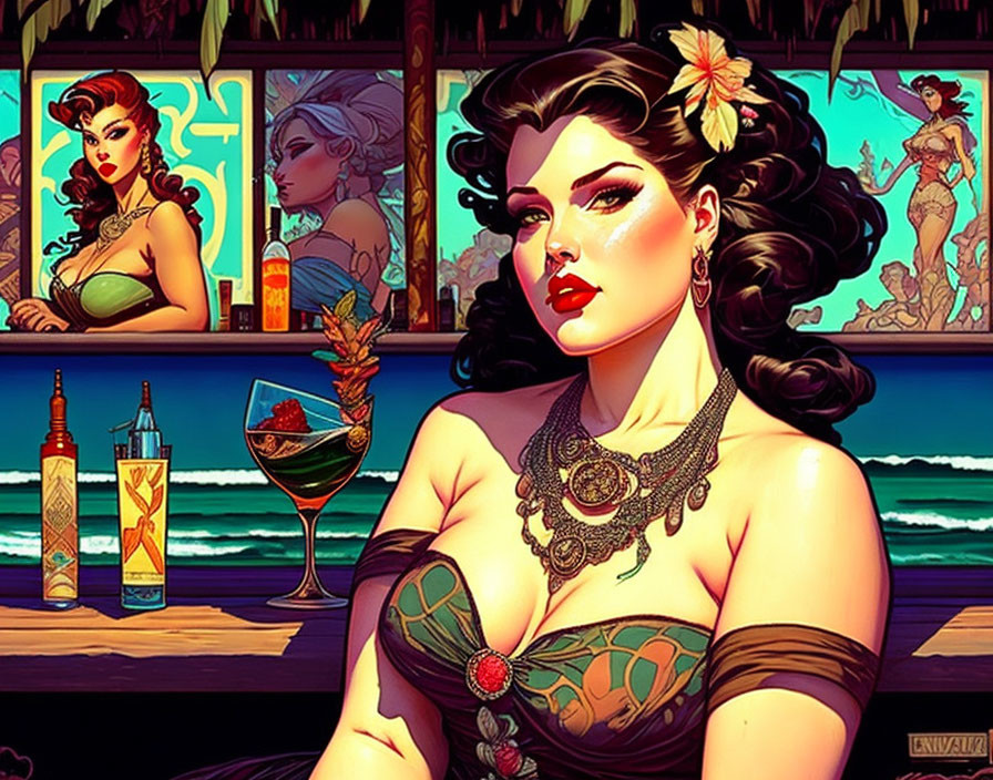 Vintage Pin-Up Style Woman with Tattoos and Cocktail at Tropical Beach Bar