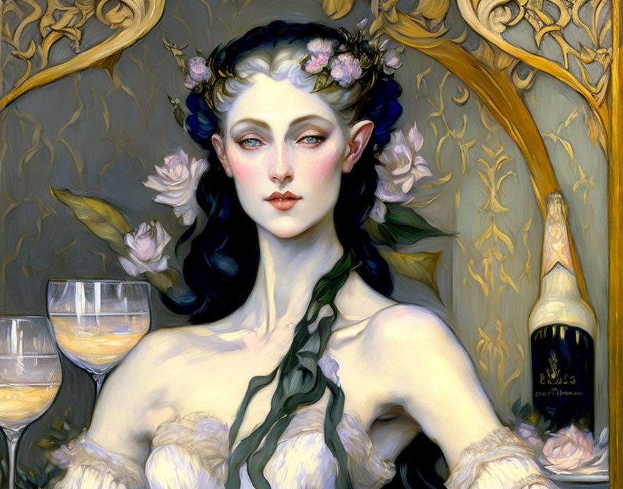 Ethereal female figure with vine-like hair in Art Nouveau style