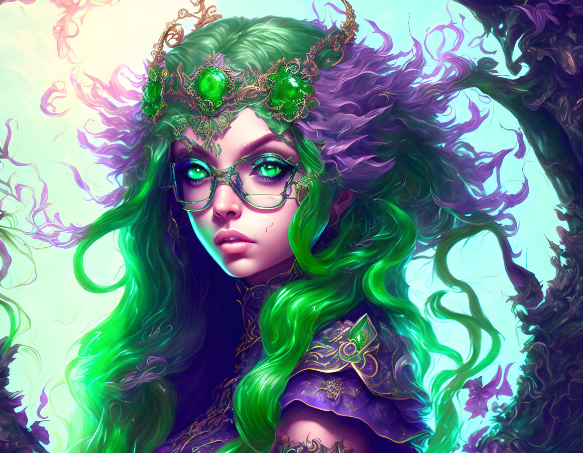 Vibrant green-haired woman with crown and glasses in mystical setting