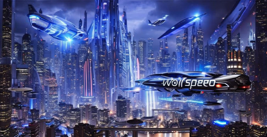 Nighttime futuristic cityscape with illuminated skyscrapers and flying vehicles.