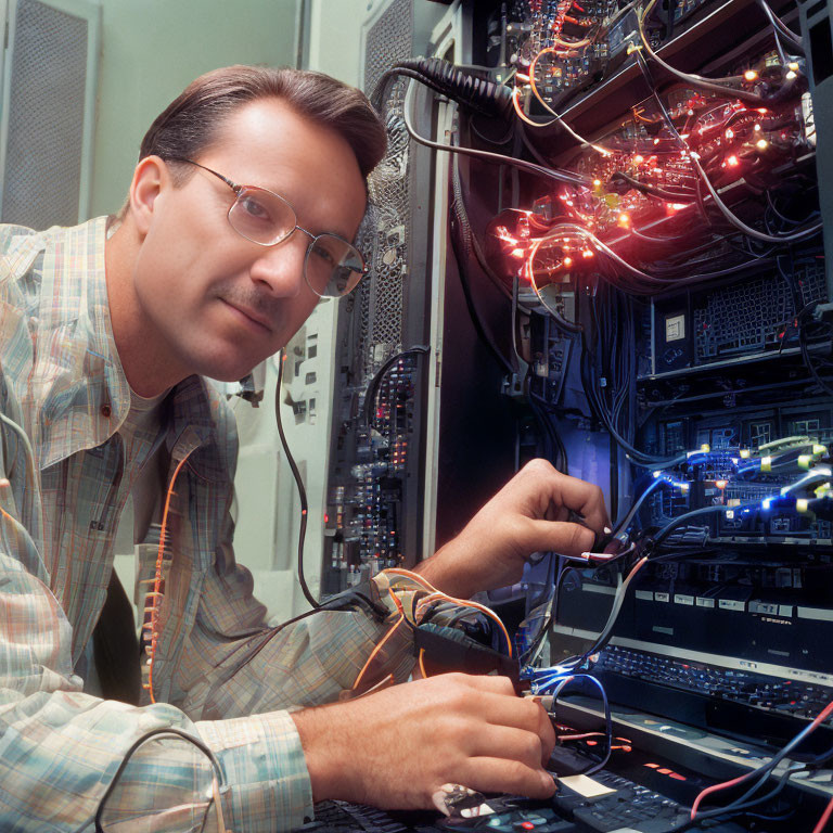 Man in glasses connecting cables on network server with glowing lights