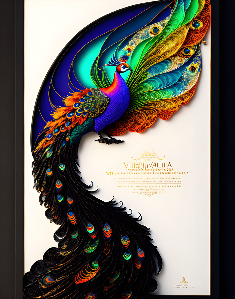 Colorful Peacock Illustration with Elaborate Tail and Bright Patterns