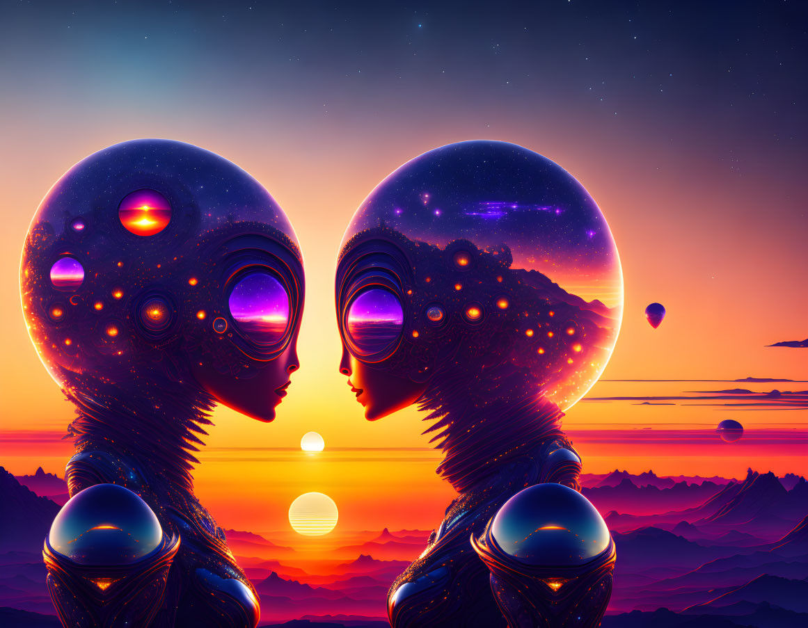 Surreal humanoid figures with galaxy-filled silhouettes at sunrise