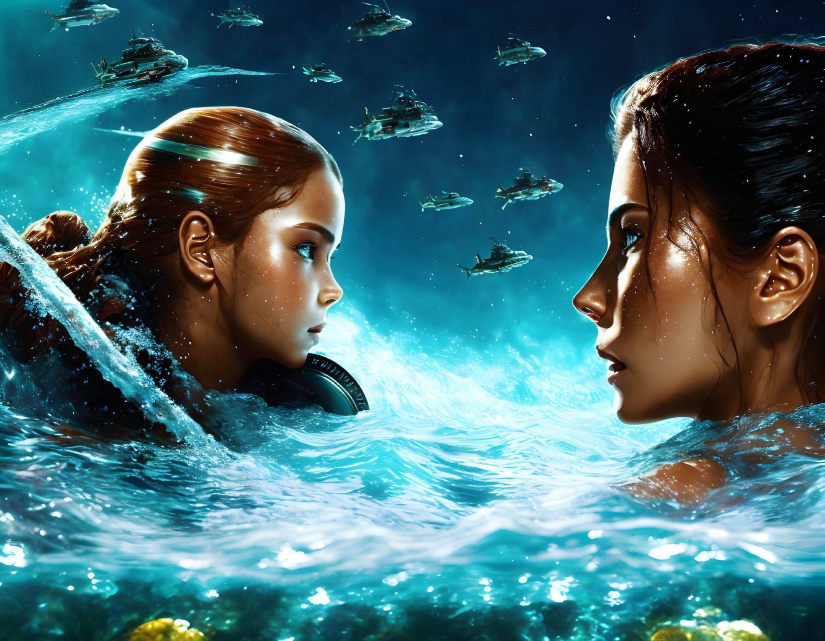 Two women underwater with flowing hair and aquatic lifeforms in deep blue setting