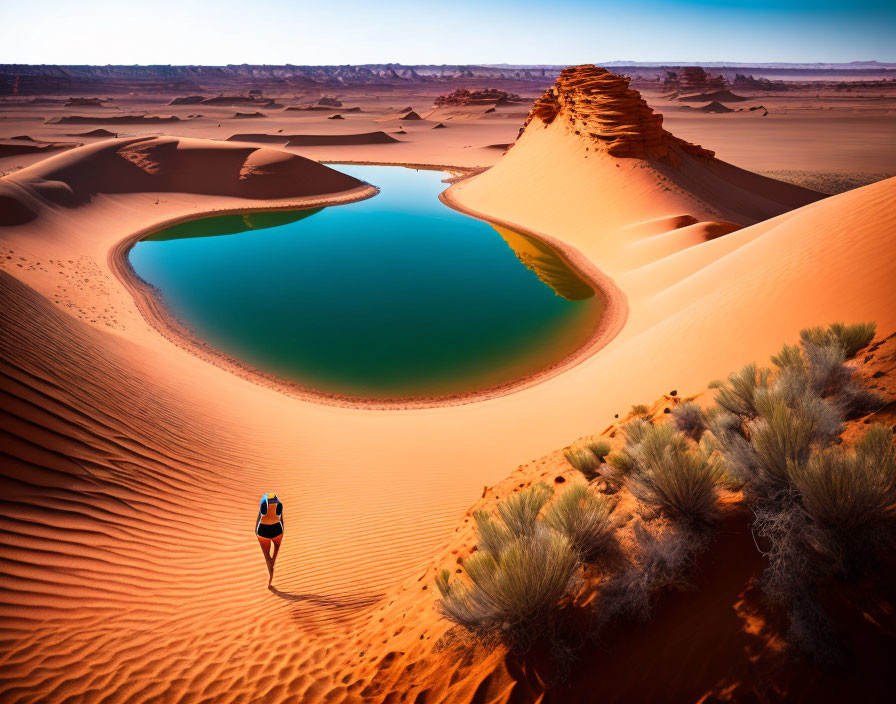 Person walking towards lush oasis in red desert landscape