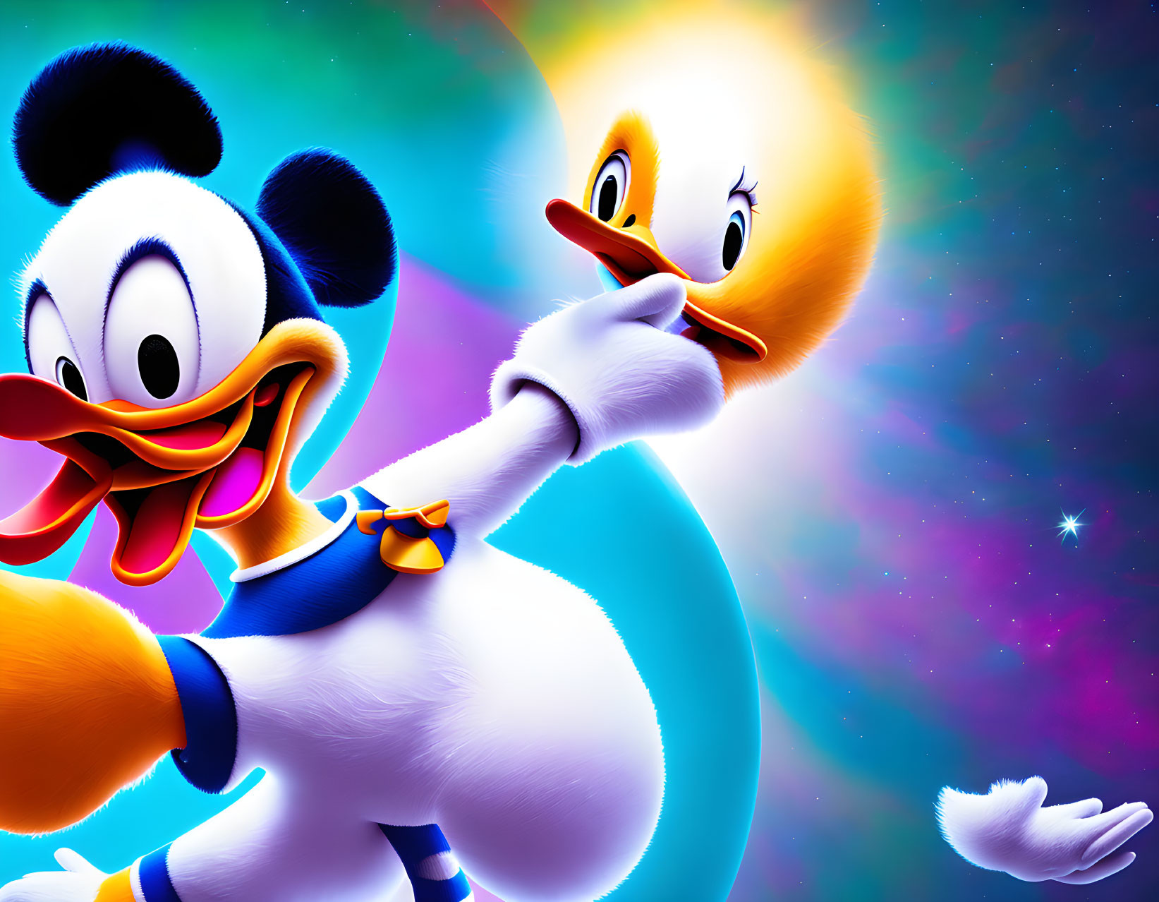 Vibrant animated ducks in cosmic scene