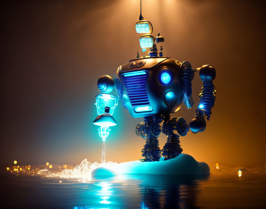 Stylized robot with dome head and accordion arms holding lantern on water