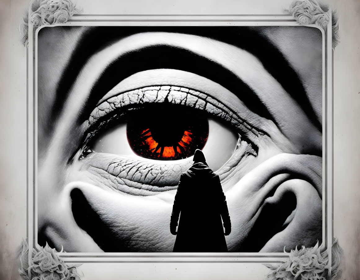 Monochrome surreal image of person with giant fiery red iris eye in ornate frame