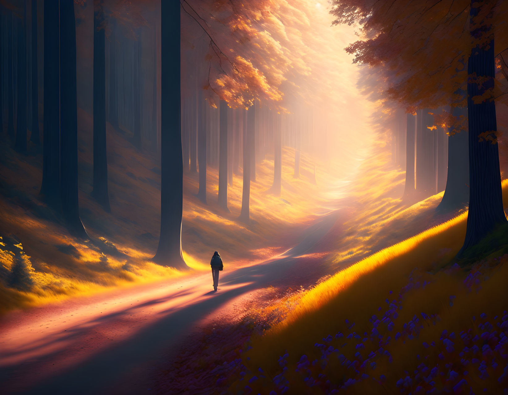 Person walking on forest path with sunbeams through trees in autumn landscape