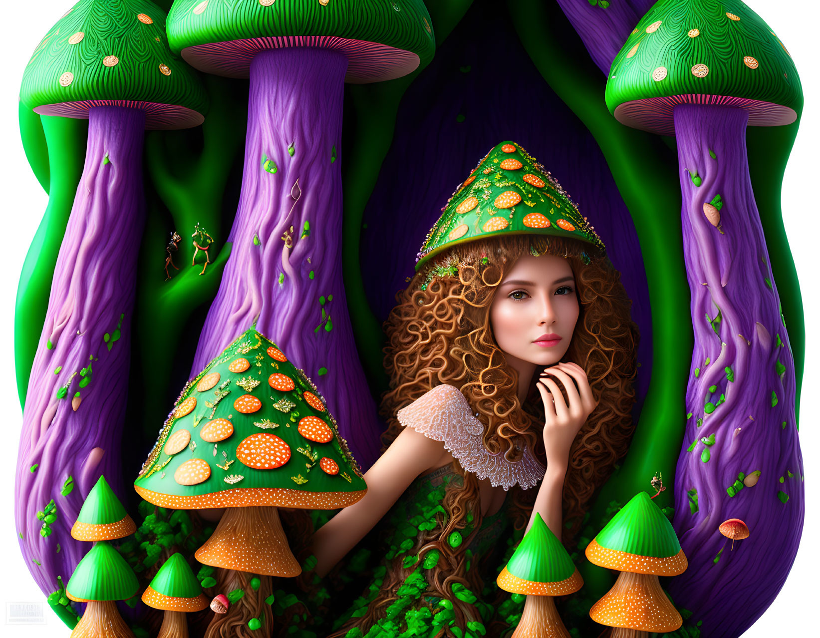 Woman with Mushroom Cap Hat Surrounded by Whimsical Mushrooms