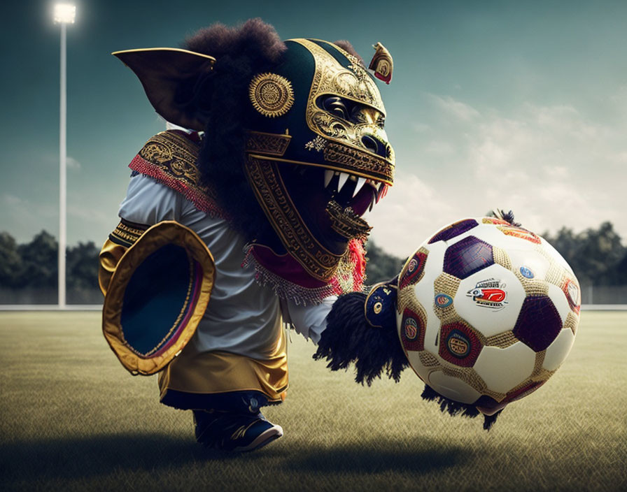 Mystical creature in lion mask playing soccer on grassy field