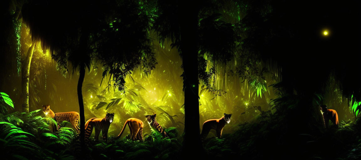 Luminous green jungle with leopards in night sky.