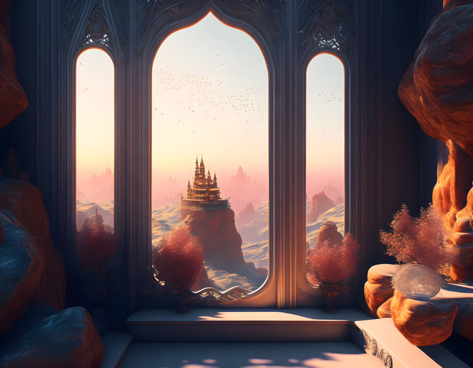 Fantasy landscape with distant tower and pink sky through ornate window