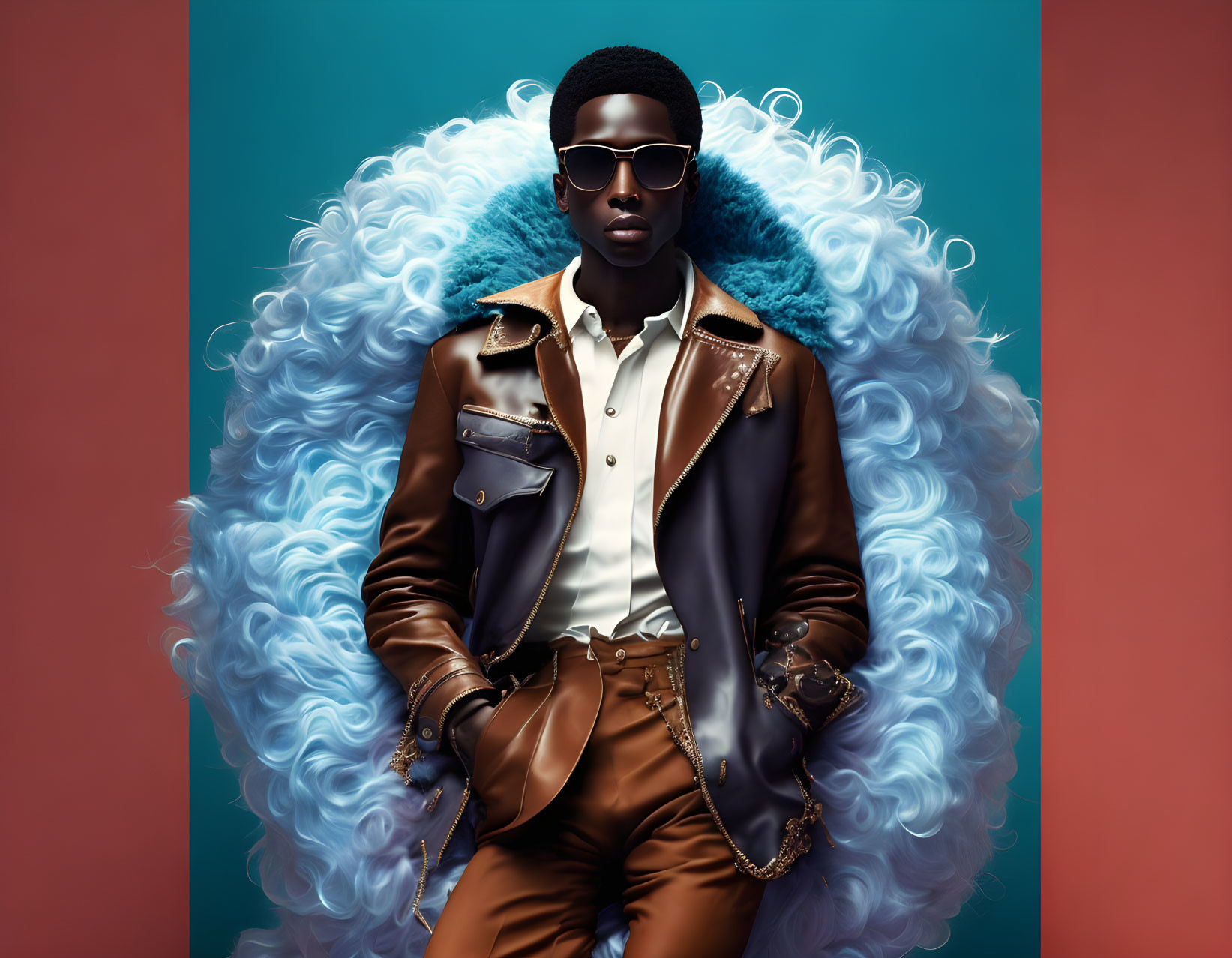 Fashionable individual in sunglasses and leather jacket against teal background