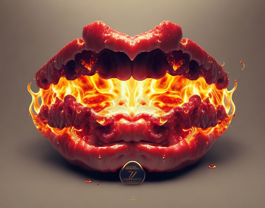 Surreal fiery lips with molten lava, flames, sparks, and number 7 emblem