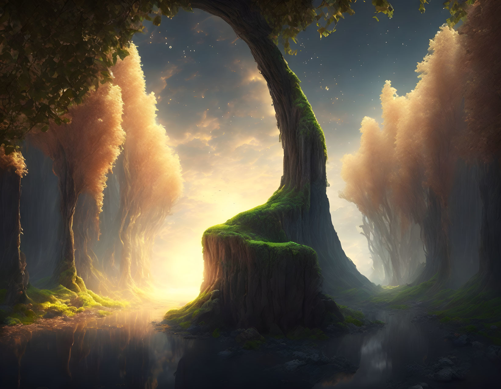 Mystical forest with towering trees and glowing canopies by tranquil river