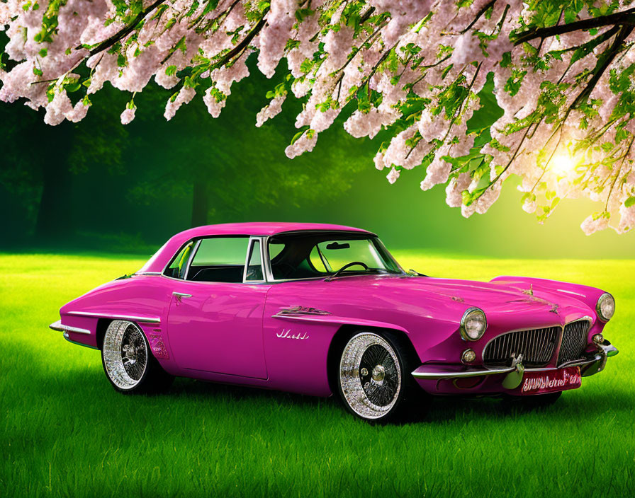 Pink classic car parked under cherry trees at sunset