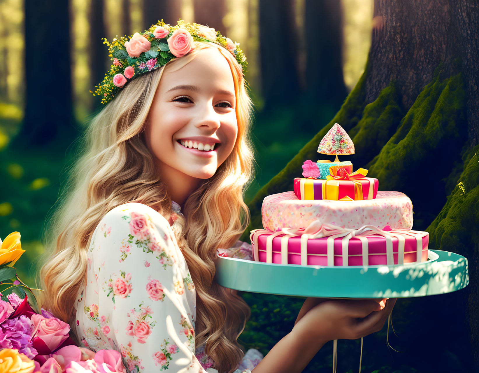 Smiling girl with floral crown and whimsical birthday cake in sunlit forest
