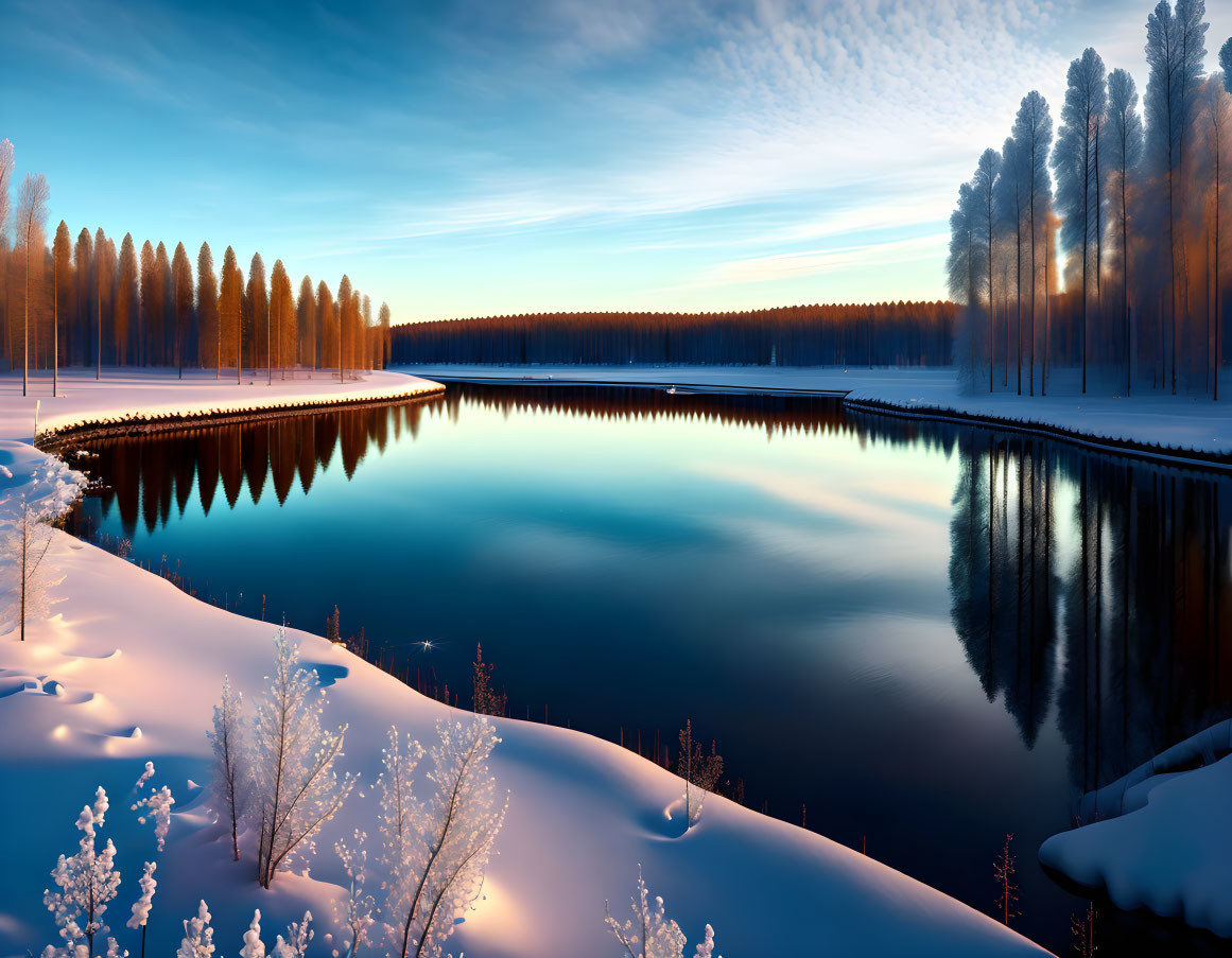 Snow-covered riverbank at twilight with calm water reflecting winter landscape